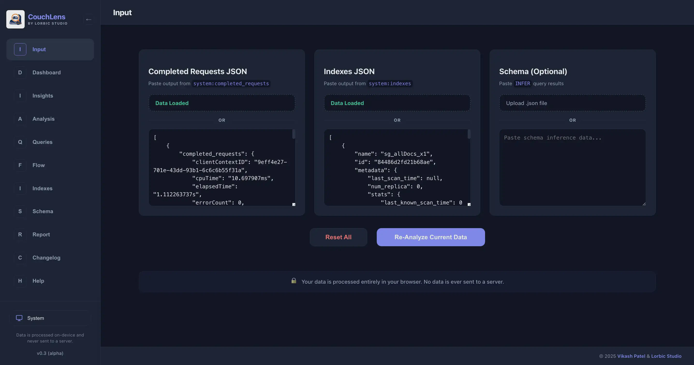 CouchLens Input tab for uploading JSON data files