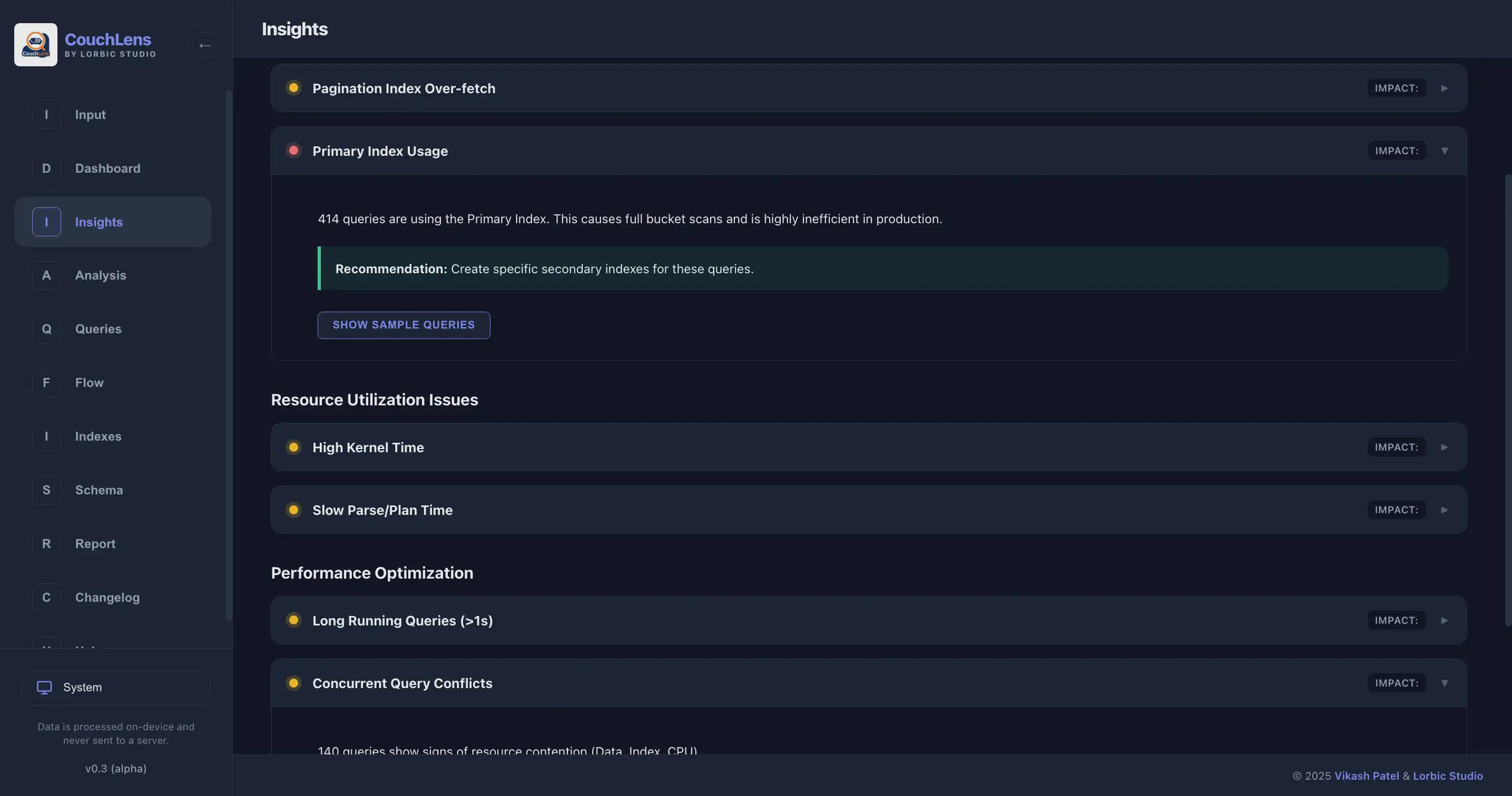 CouchLens Insights tab highlighting performance issues and recommendations