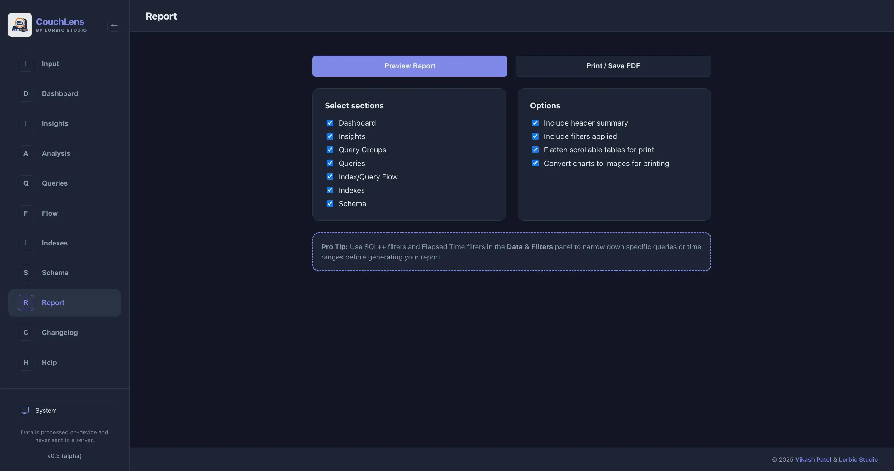 CouchLens Report view for generating printable summaries