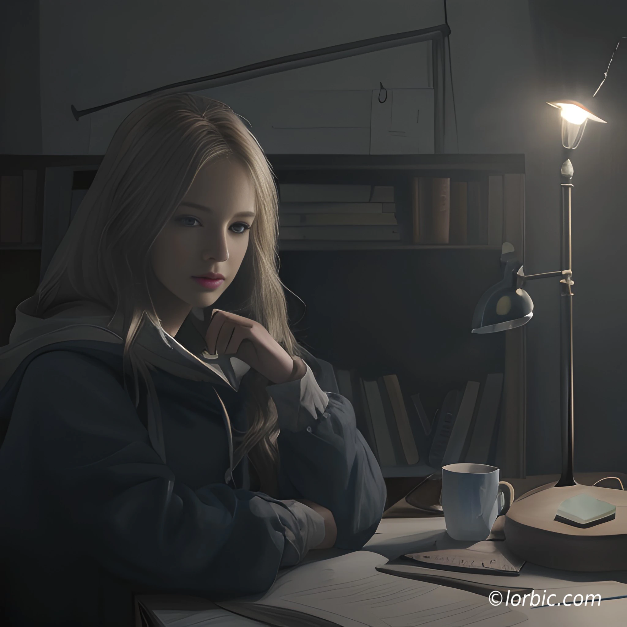A girl sitting in a room studying and thinking. Generated with AI by Vikash from Lorbic.com
