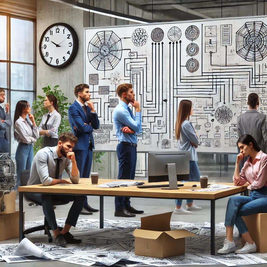 An image representing "Analysis Paralysis" in engineering. It shows a team stuck in decision-making and hesitant to take action.