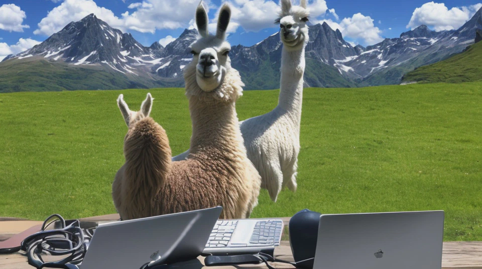 Llama working on a laptop. 